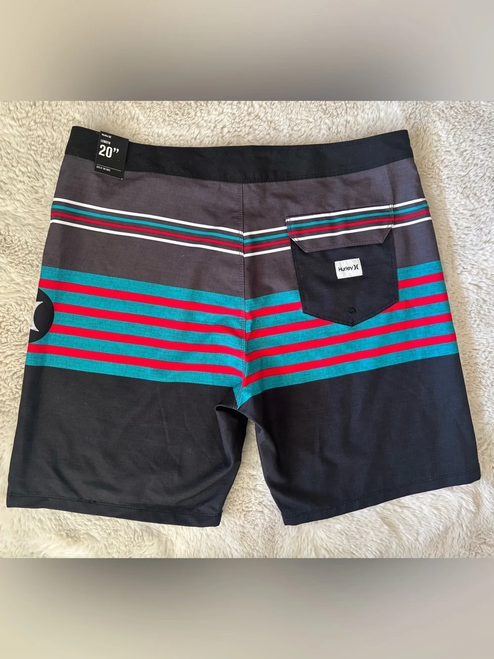 NWT Hurley Black Swim Trunk Board Trunks w/Teal Red White Stripes Size: 36